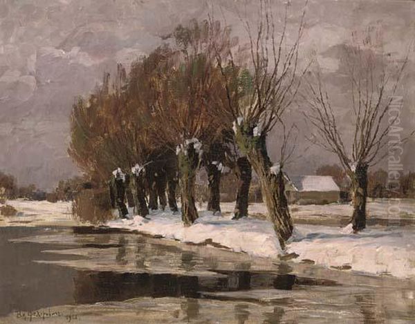 An Avenue Of Trees By A Lake In A Snowing Landscape Oil Painting by Vladimir Nikolaevich Fedorovich