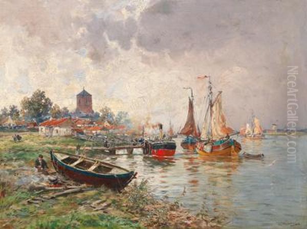 Reges Treiben Am Flussufer Oil Painting by Richard Henri Fehdmer