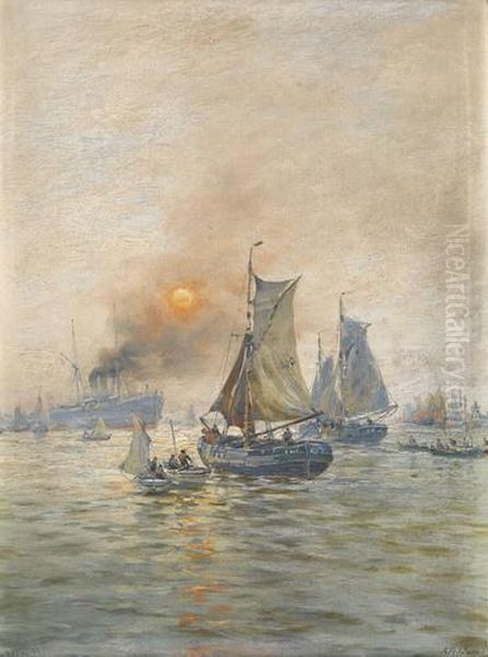 Schiffe Vor Hafen Bei Untergehender Sonne Oil Painting by Richard Henri Fehdmer