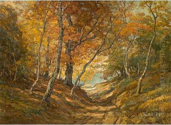 Sandiger Waldweg, Flankiert Von Schlanken, Herbstlichgefarbten Baumen Oil Painting by Richard Henri Fehdmer