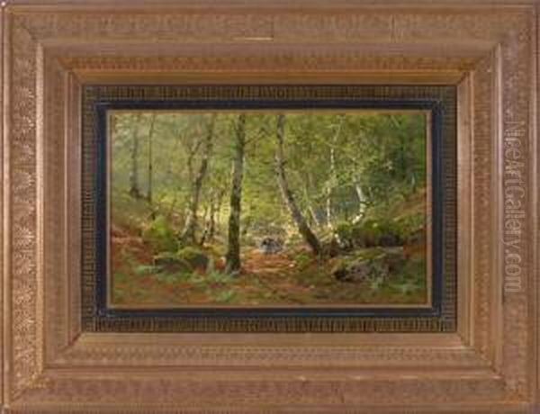 Bauerin Mit Fuhrwerk In Fruhlingshafter Waldlandschaft Oil Painting by Richard Henri Fehdmer