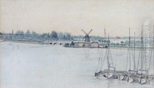 Scheldeufer Mit Segelbooten Und Windmuhle, Im Hintergrund Ansicht Von Antwerpen Oil Painting by Richard Henri Fehdmer