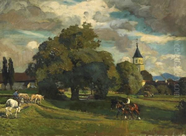 View On A Southern German Town With Church Oil Painting by Friedrich Fehr