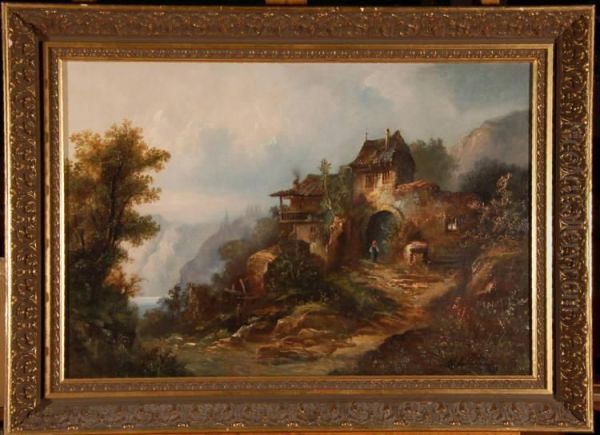 Continental Alpine Landscape Oil Painting by O. Fehrmann