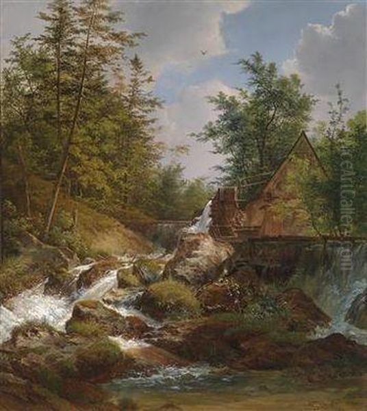 Mill By A Mountain Stream Oil Painting by Josef Feid