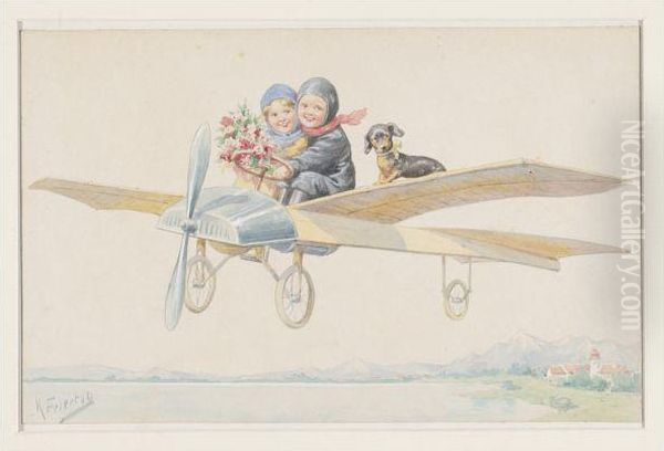 Two Children And A Dachshund On A Plane Oil Painting by Karl Feiertag