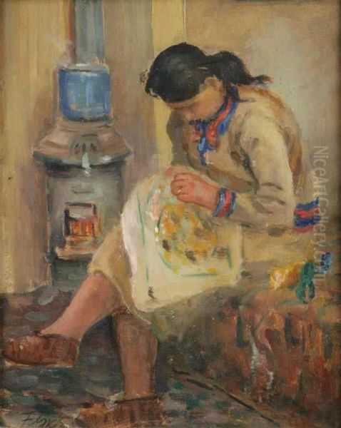 A Girl At Embroidery Oil Painting by Stanislav Feikl