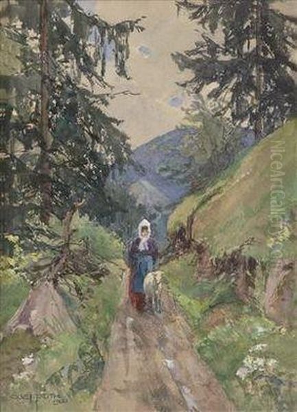 Schmaler Weg Mit Bauerin Und Lamm Oil Painting by Gustav Feith