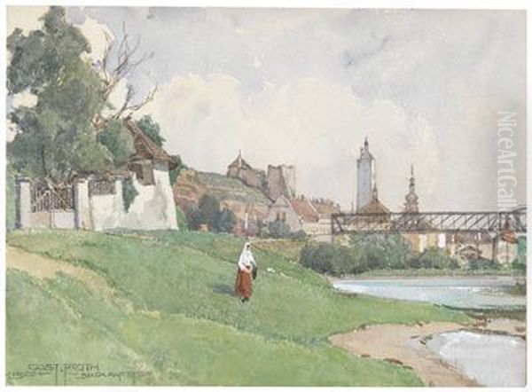 A View Towards Stein/ Donau Oil Painting by Gustav Feith