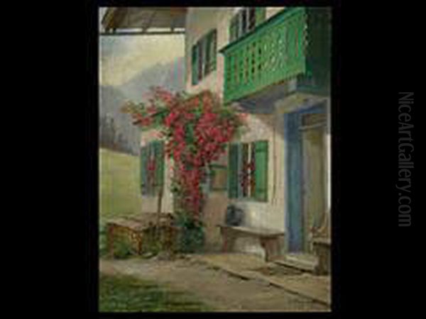 Ruhebank Mit Rosenranken Vor Der Bauernhausture Oil Painting by Paul Felgentreff