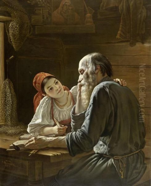 Young Lady With Older Gentleman At Atable Oil Painting by Rostislav Ivanovich Felizin