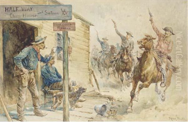 Cow-boys A Cheval Tirant Au Pistolet Devant Un Saloon Oil Painting by Frank Feller