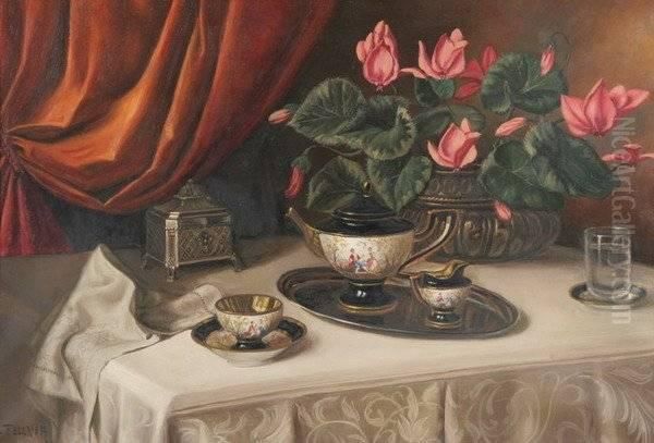 Still Life With Continental China Oil Painting by C. Fellner