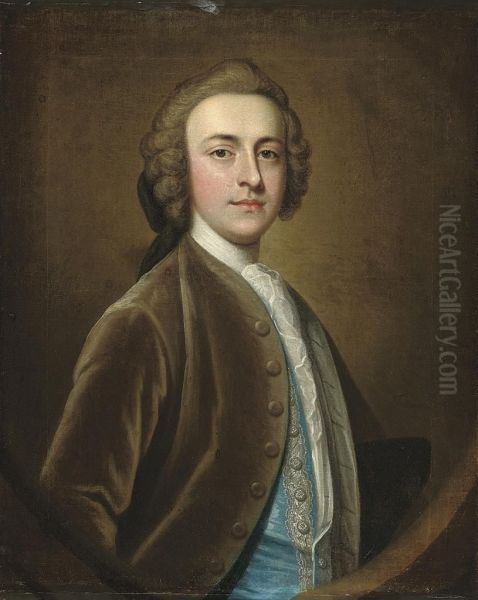 Portrait Of A Gentleman, Half-length, In A Brown Velvet Coat Andblue Silk Waistcoat With Silver Frogging Oil Painting by James Fellowes