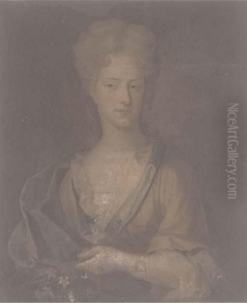 Portrait Of A Lady, Traditionally Identified As Abigail Hill, In Ared Dress And Green Wrap Oil Painting by James Fellowes