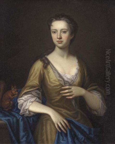 Portrait Of Margaret Aldersey, Three-quarter-length, In A Yellowdress And Blue Wrap, A Sqirrel By Her Side Oil Painting by James Fellowes