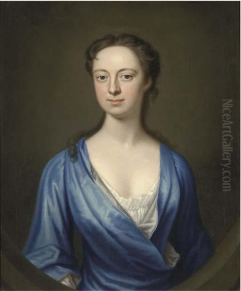 Portrait Of A Lady, Bust-length, In A Blue Dress, Feignedoval Oil Painting by James Fellowes