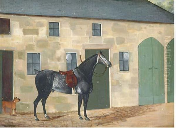 Bob, A Dapple-grey And A Terrier Outside A Barn Oil Painting by W. M. Fellows