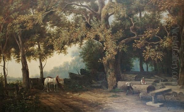 Woodcutters In A Forest Oil Painting by Gaston Fels