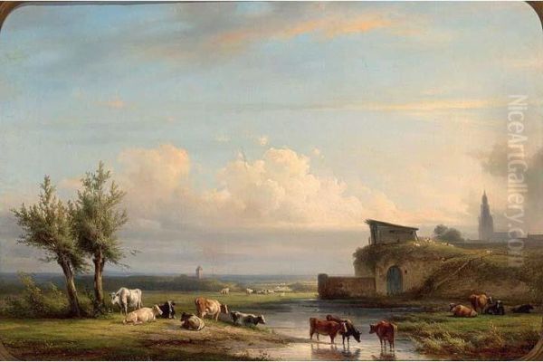 Cattle Watering In An Extensive River Landscape Oil Painting by Jan Jacob Fels