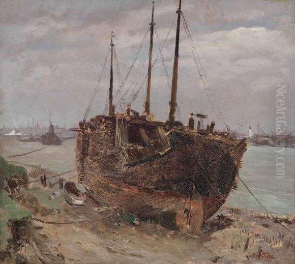 Sloep Aan De Schelde Oil Painting by T Julien Felt