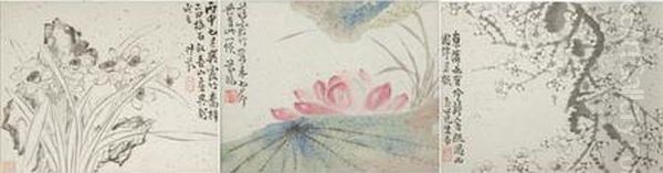 Blossoming Prunus, Narcissus And Rocks; And Lotus Blossom Oil Painting by Ji Fen