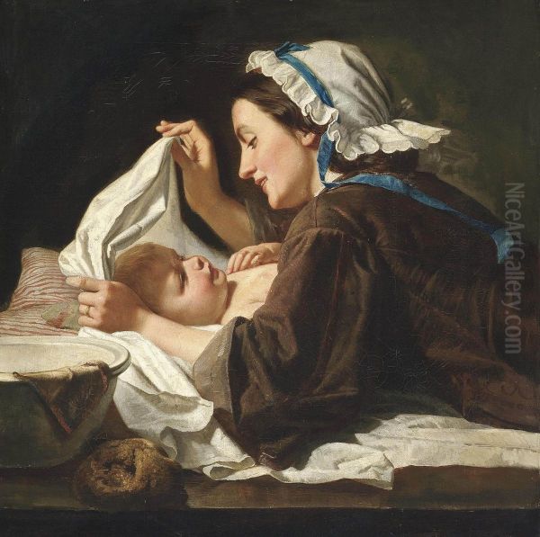 Mother And Child Oil Painting by Peter Fendi