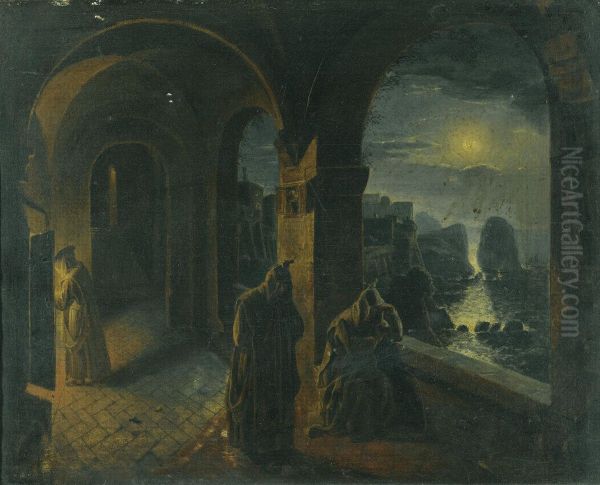 Cloister In The Moonlight Oil Painting by Peter Fendi