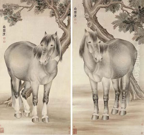 Stallions Oil Painting by Qian Feng