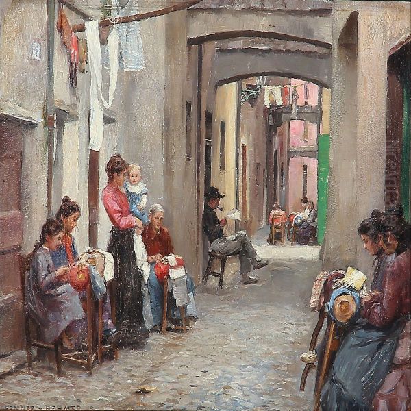 Street Scene With Lacemakers In Via Dell Oro, Rapallo In Italy Oil Painting by Hermann Fenner-Behmer