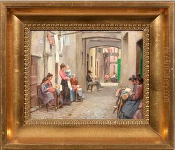 Spitzenklopplerinnen In Einer Gasse In Rapallo Oil Painting by Hermann Fenner-Behmer