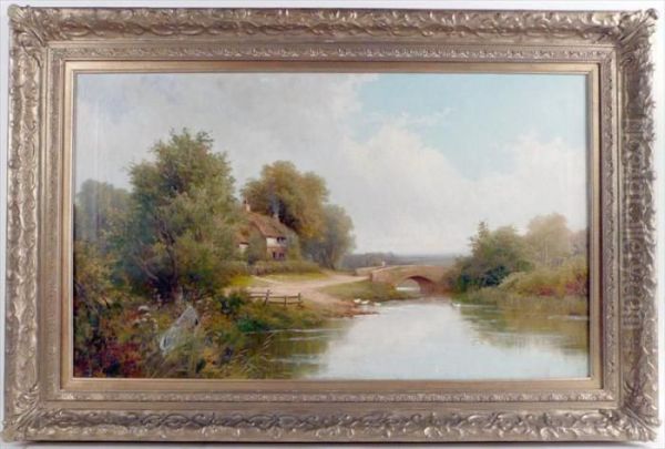 Cottage And Bridge In A Landscape Oil Painting by Robert Robin Fenson