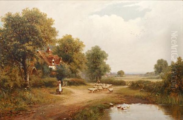 Sheep And Drover In A Country Lane Beside A Pond Oil Painting by Robert Robin Fenson