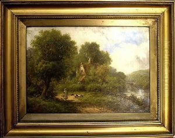 Cottage In A River Landscape Oil Painting by Robert Robin Fenson