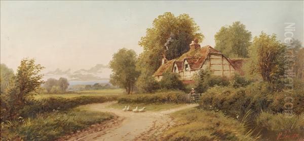 Ducks On A Country Track By A Cottage Oil Painting by Robert Robin Fenson