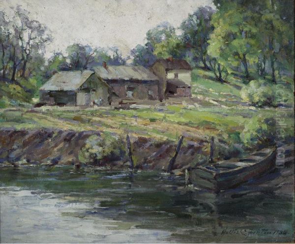 Farm Buildings By The River Oil Painting by Hallie Champlin-Hyde