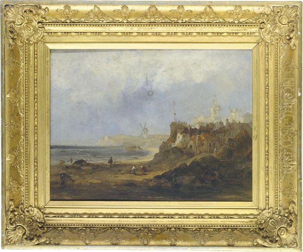 A View Of Treport, Normandy, Showing The Church Of St. Jacques,with Figures On The Beach In The Foreground Oil Painting by Thomas Leemans