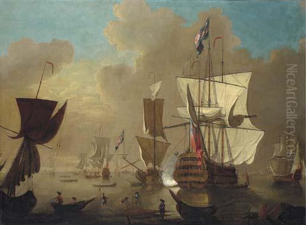 A First Rate Man-o'war, Firing A Salute From Her Position Within Anoffshore Anchorage Oil Painting by Thomas Leemans