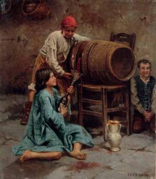 Bambini In Cantina Oil Painting by Karoly Ferenczy