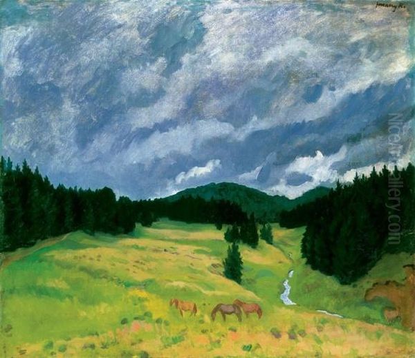 Cloudy Landscape (izvora With Pine-grove) Oil Painting by Karoly Ferenczy