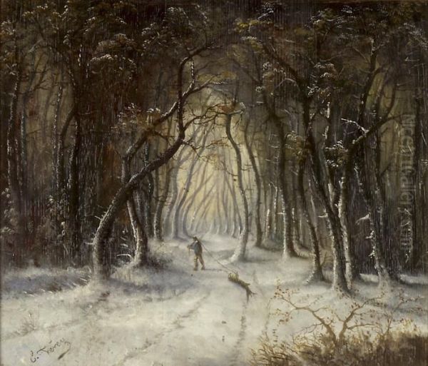 Winterlicher Waldweg Mit Holzfaller Oil Painting by Edouard Ferey