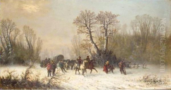 Caravans In The Snow Oil Painting by Edouard Ferey