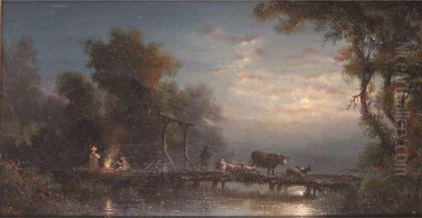 Troupeau Sur La Passerelle A La Tombee De La Nuit Oil Painting by Prosper Ferey