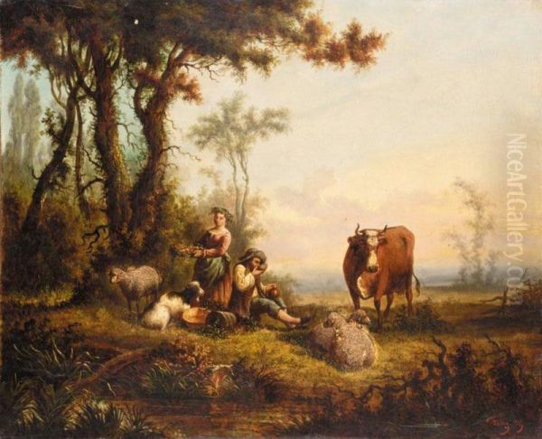 A Rest For Refreshments; A Shepherd And His Flock Oil Painting by Prosper Ferey