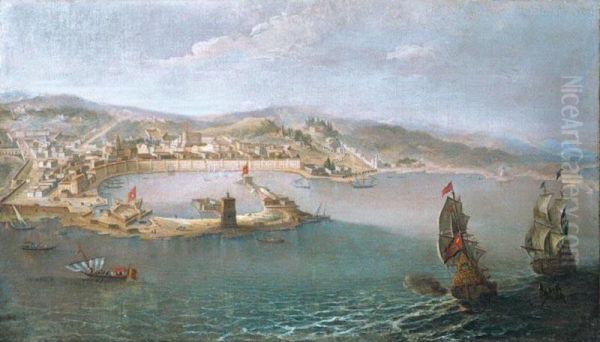 Messina, A Panoramic View Of The Harbour And The City Taken From The Sea Oil Painting by Bernardino Vincenzo Fergioni