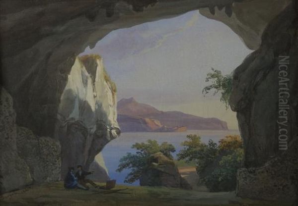 Due Pittori In Sosta In Una Grotta Presso La Costiera Campana Oil Painting by Salvatore Fergola