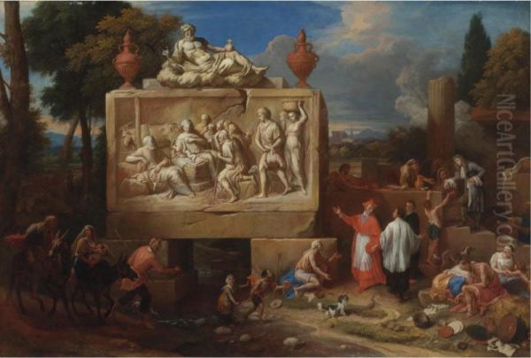 Saint Charles Borromeo Performing Charitable Acts In A Landscape With Ruins Oil Painting by Henry Ferguson