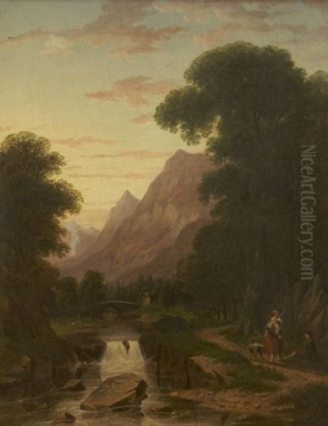 A Highland River Valley With Figures, Glen Dochart,perthshire Oil Painting by James Ferguson