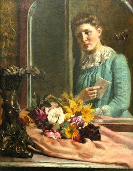 Lady Holding A Letter Reflected In A Mirror by John Knox Ferguson