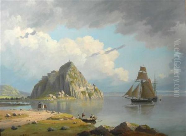 Dumbarton Rock With A Vessel And Figures In The Background Oil Painting by John Knox Ferguson